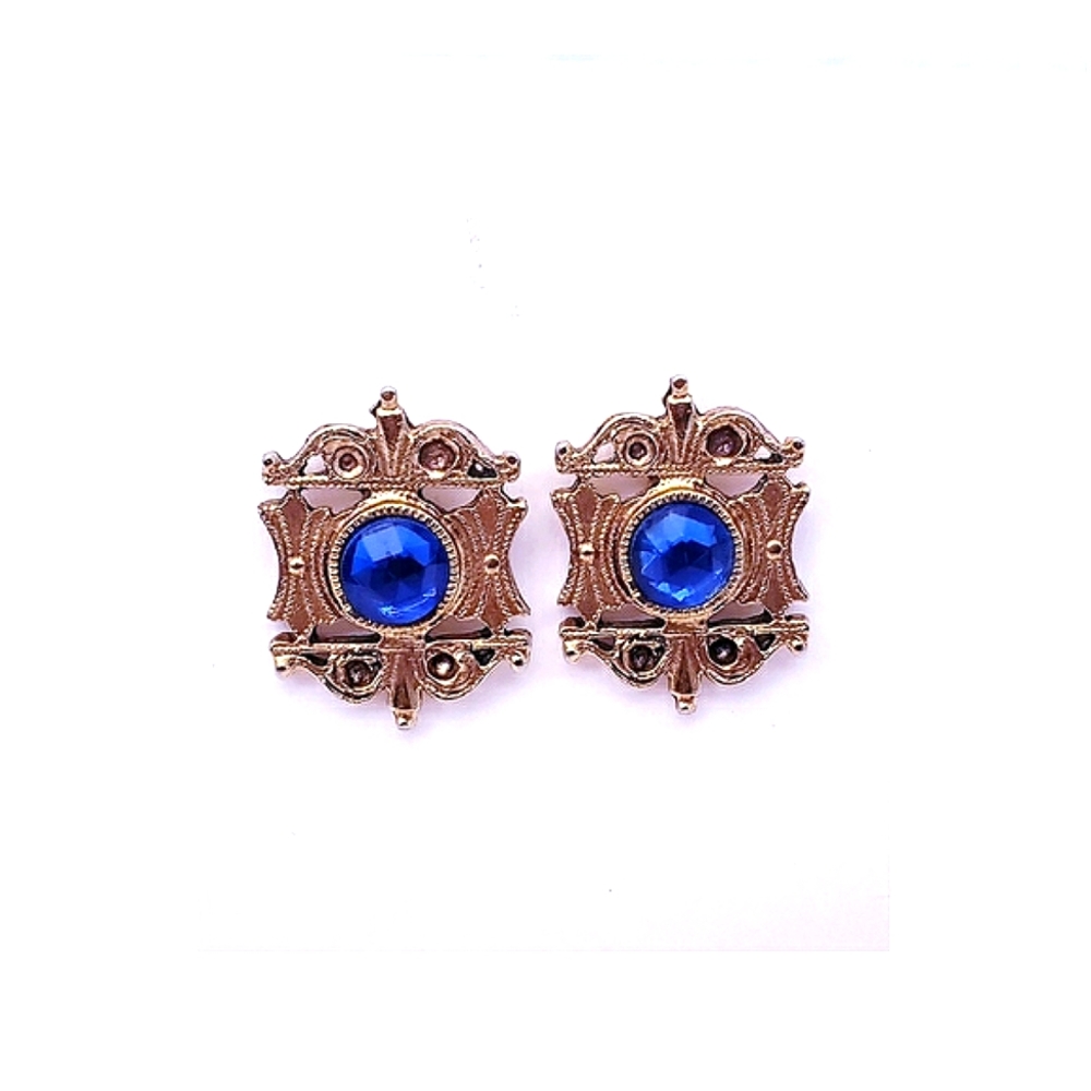 Victorian Style Royal Blue Rhinestone, Gold Earrings